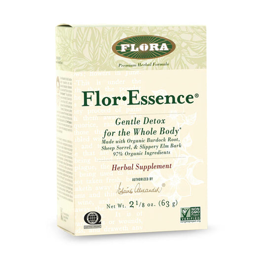 Flora FlorEssence dry tea blend bottle shows earthy herbs for daily detox rituals.