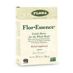 Flora FlorEssence dry tea blend bottle shows earthy herbs for daily detox rituals.