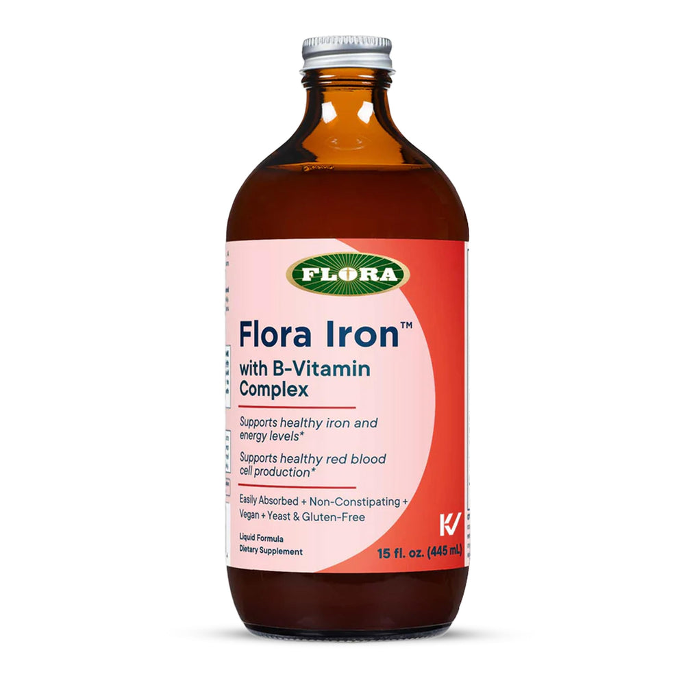 Flora Iron with B-Vitamin Complex bottle shown for easy daily iron support