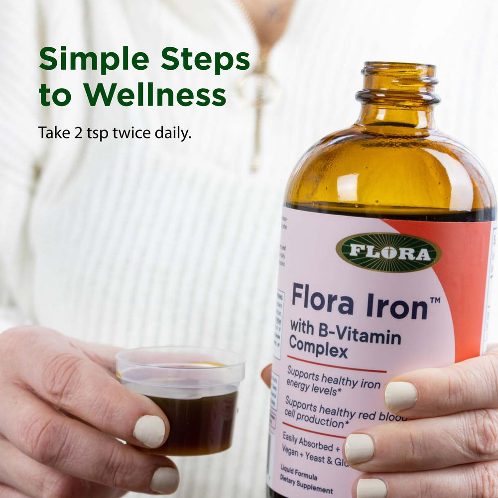 Dosing spoon beside Flora Iron for two-teaspoon servings