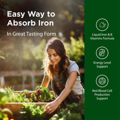 Close-up of Flora Iron label emphasizing vegan and gluten-free benefits