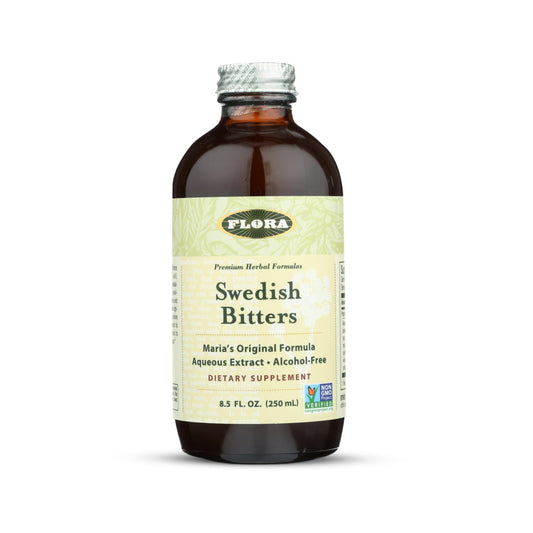 Flora Swedish Bitters bottle front shows premium herbal blend for digestive support.