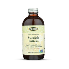 Flora Swedish Bitters bottle front shows premium herbal blend for digestive support.