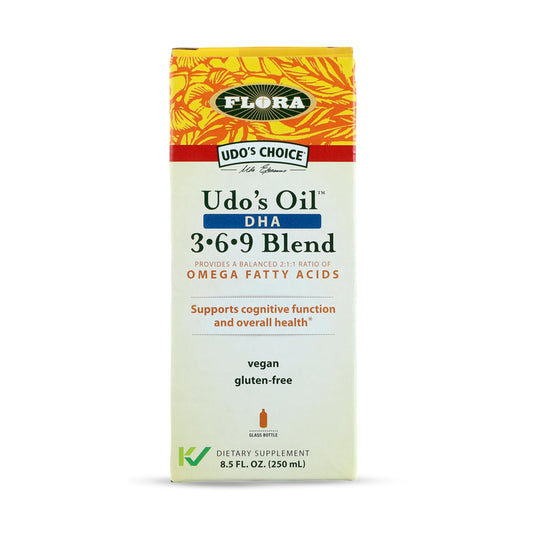Flora UdoOil bottle on shelf highlighting premium omega blend for daily use