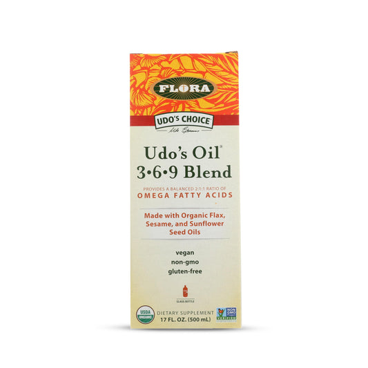 Flora Udo's Omega 369 oil bottle; balanced fats for daily meals