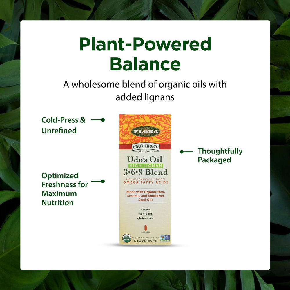 Flora Udo’s Oil High Lignan glass bottle protects freshness and potency.