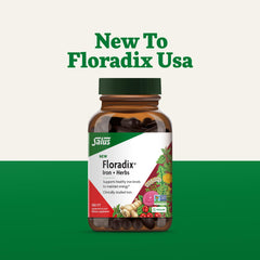 Floradix Iron + Herbs bottle with glass shows easy routine.
