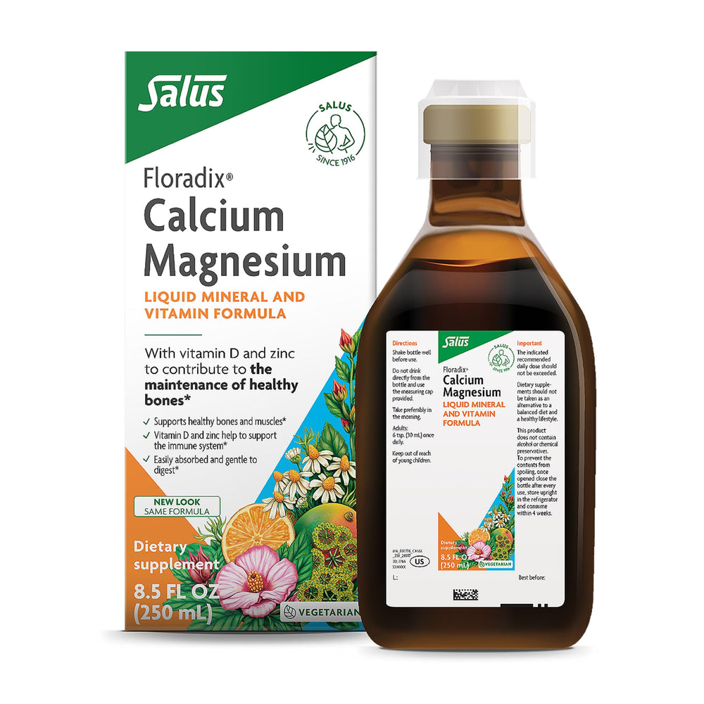 Floradix calcium magnesium liquid bottle pour demonstrates easy daily dosing for bone support