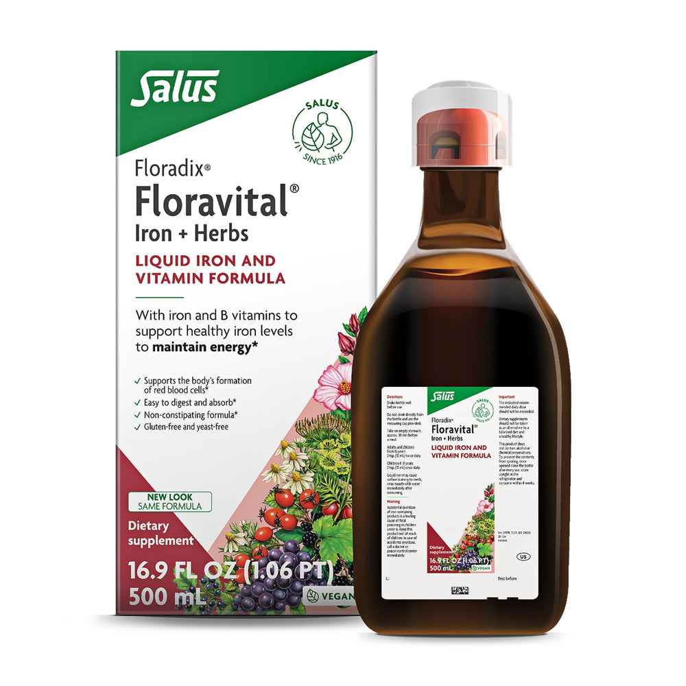 Floradix Floravital bottle on counter for daily energy support
