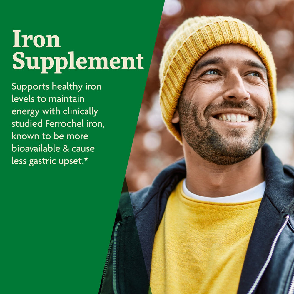 Floradix Iron + Herbs bottle on counter suggests easy daily use.