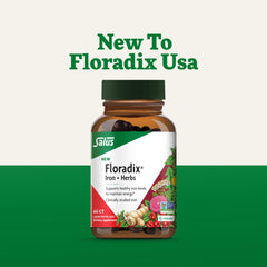 Floradix Iron + Herbs bottle with measuring cap for accurate dosing.