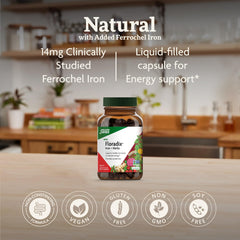 Floradix Iron + Herbs capsules closeup highlights gentle digestion.