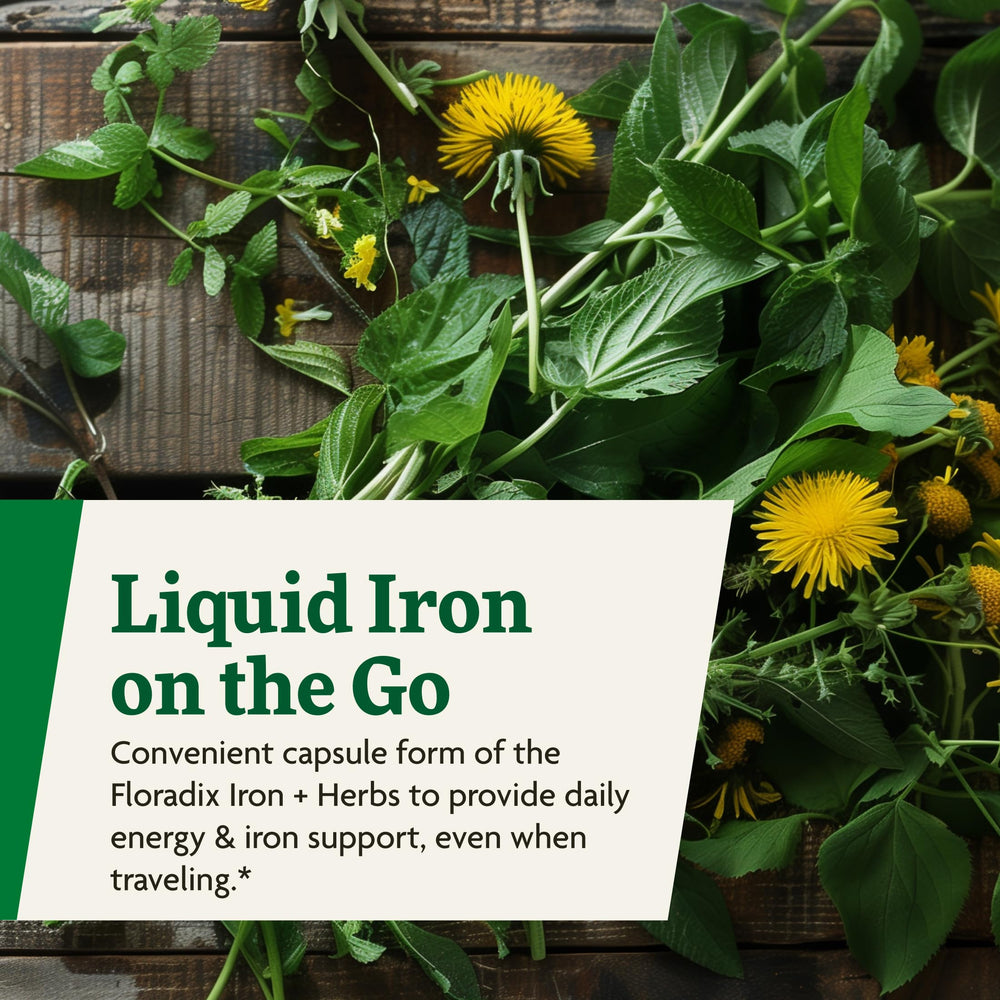 Floradix Iron + Herbs capsules pack signals vegan, non-GMO options.