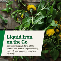 Floradix Iron + Herbs capsules pack signals vegan, non-GMO options.