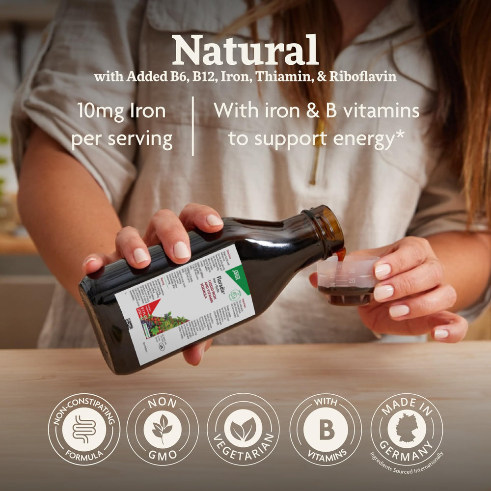 Glass of Floradix Iron & Herbs highlights liquid iron for daily wellness