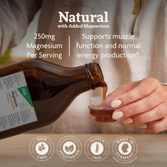 Floradix Magnesium bottle showing mango puree hint, supports overall wellness.