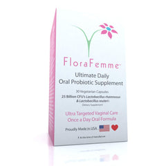 FLORAFEMME label emphasizes two targeted strains for vaginal and urinary balance.