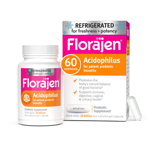 Florajen Acidophilus bottle visual for everyday digestive balance.