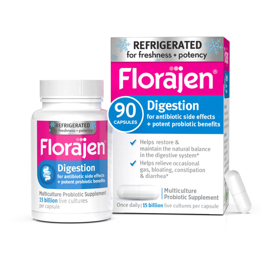 Florajen Digestion bottle-front view supports daily gut balance and routine.