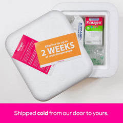 Florajen Kids capsules closeup highlights gentle, kid-friendly probiotic delivery.