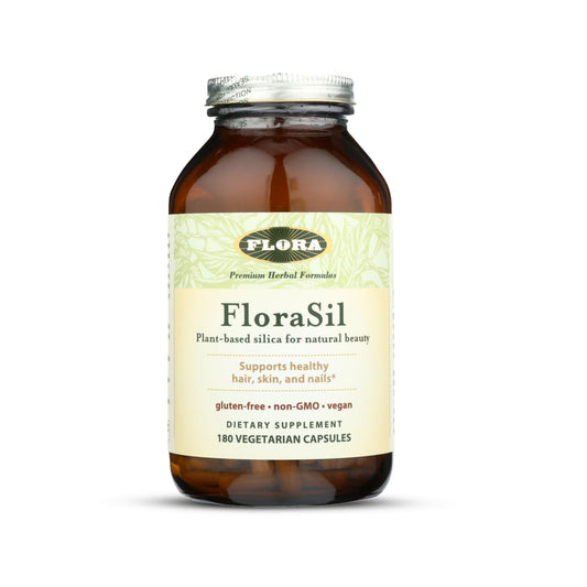 FloraSil bottle front view showing silica capsules for hair, skin, and nails.
