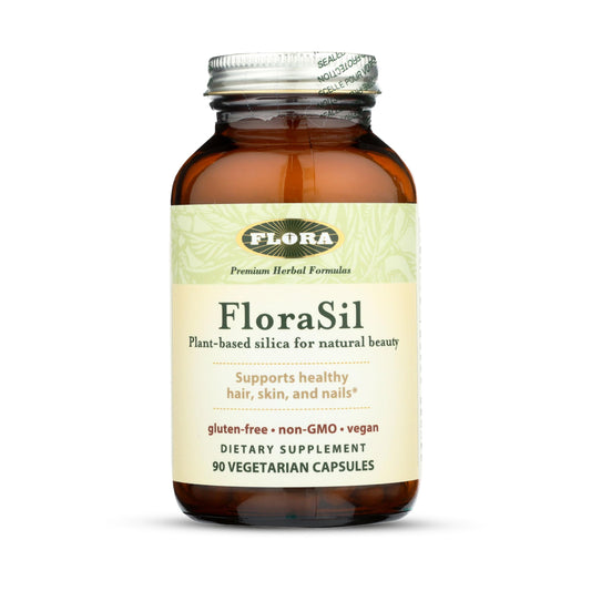 FloraSil bottle in glass packaging for plant-based mineral support.