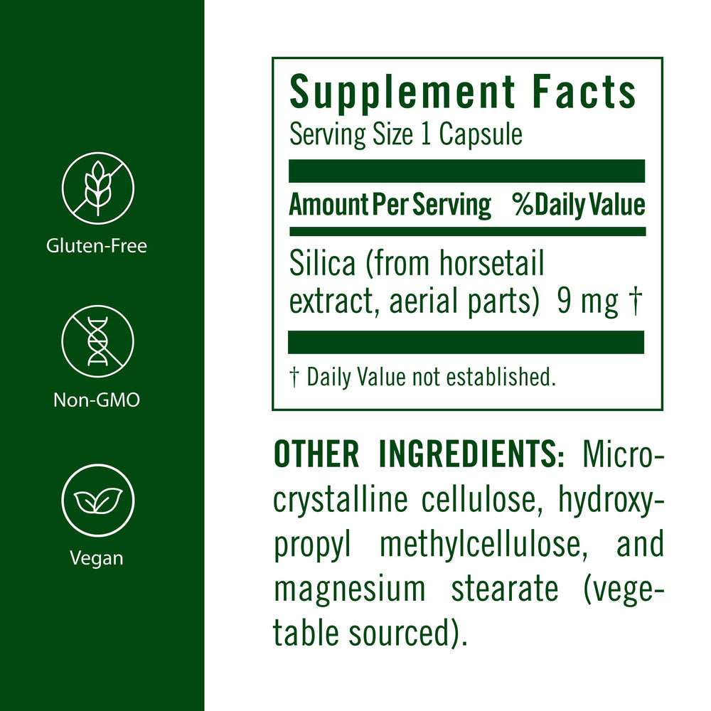 FloraSil capsules close-up for vegan, non-GMO beauty support.