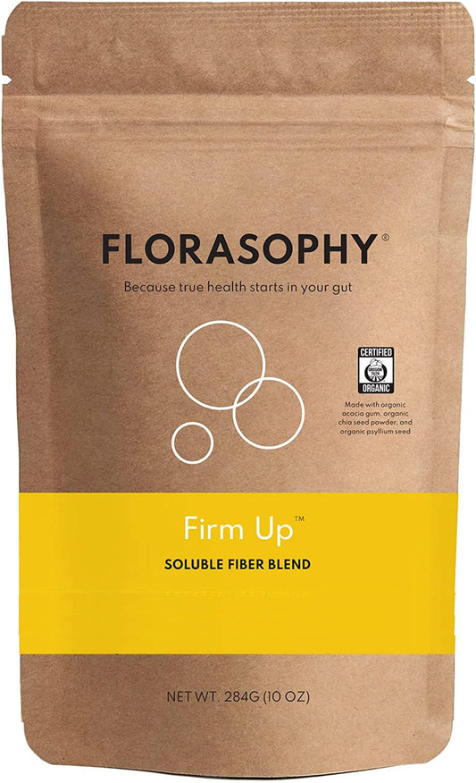 Florasophy Firm Up bottle label highlighting gluten-free vegan fiber blend for steady digestion