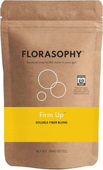 Florasophy Firm Up bottle label highlighting gluten-free vegan fiber blend for steady digestion