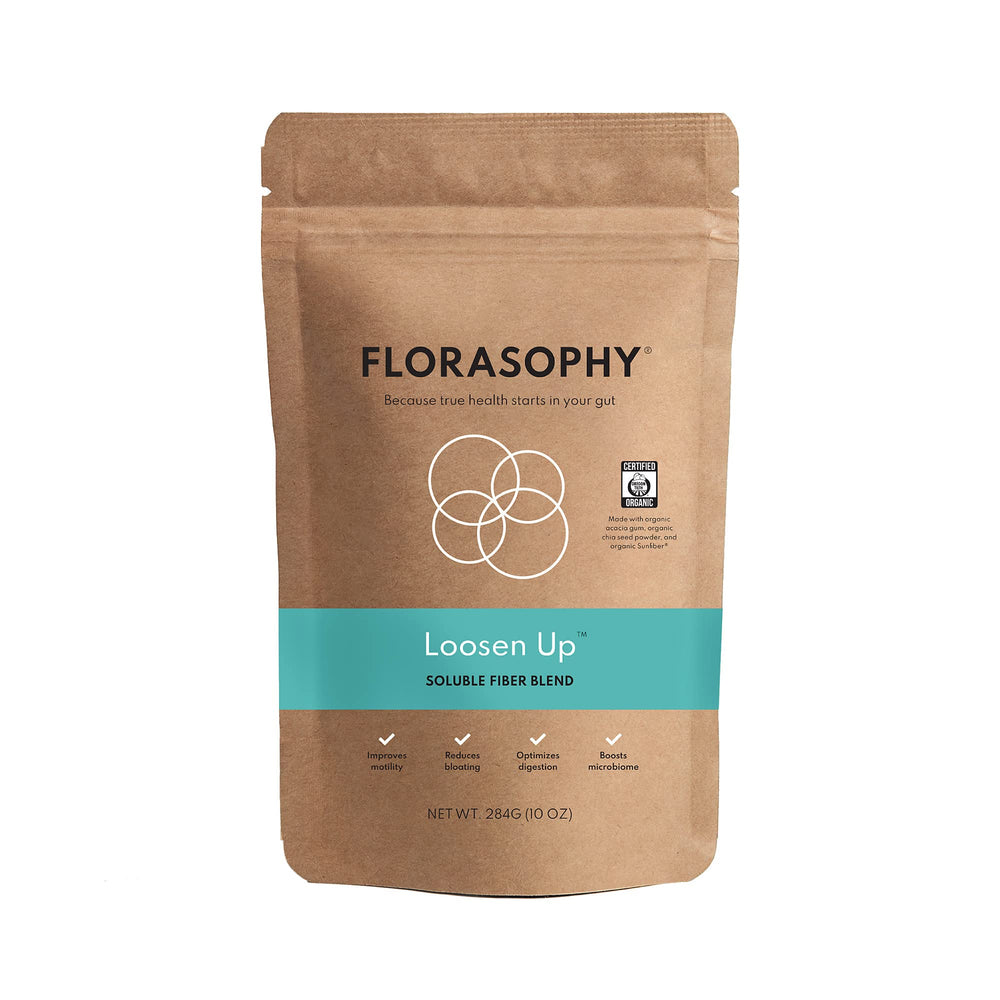 Florasophy Loosen Up bottle showing gut-friendly soluble fiber for daily support