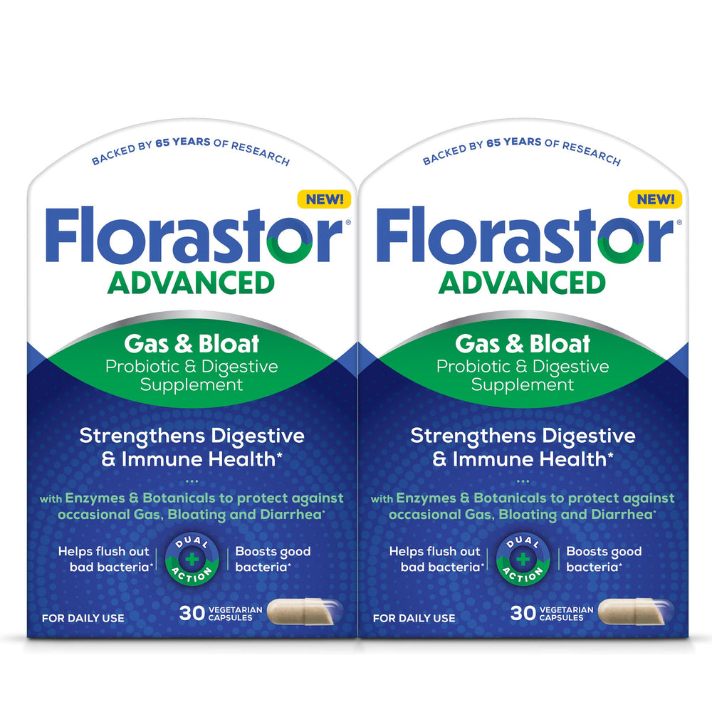 Florastor Advanced Gas and Bloat Probiotic bottle with capsules promoting digestive comfort.