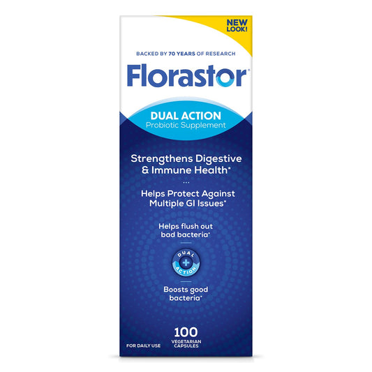 Florastor bottle with capsules for daily digestive balance and immune support.
