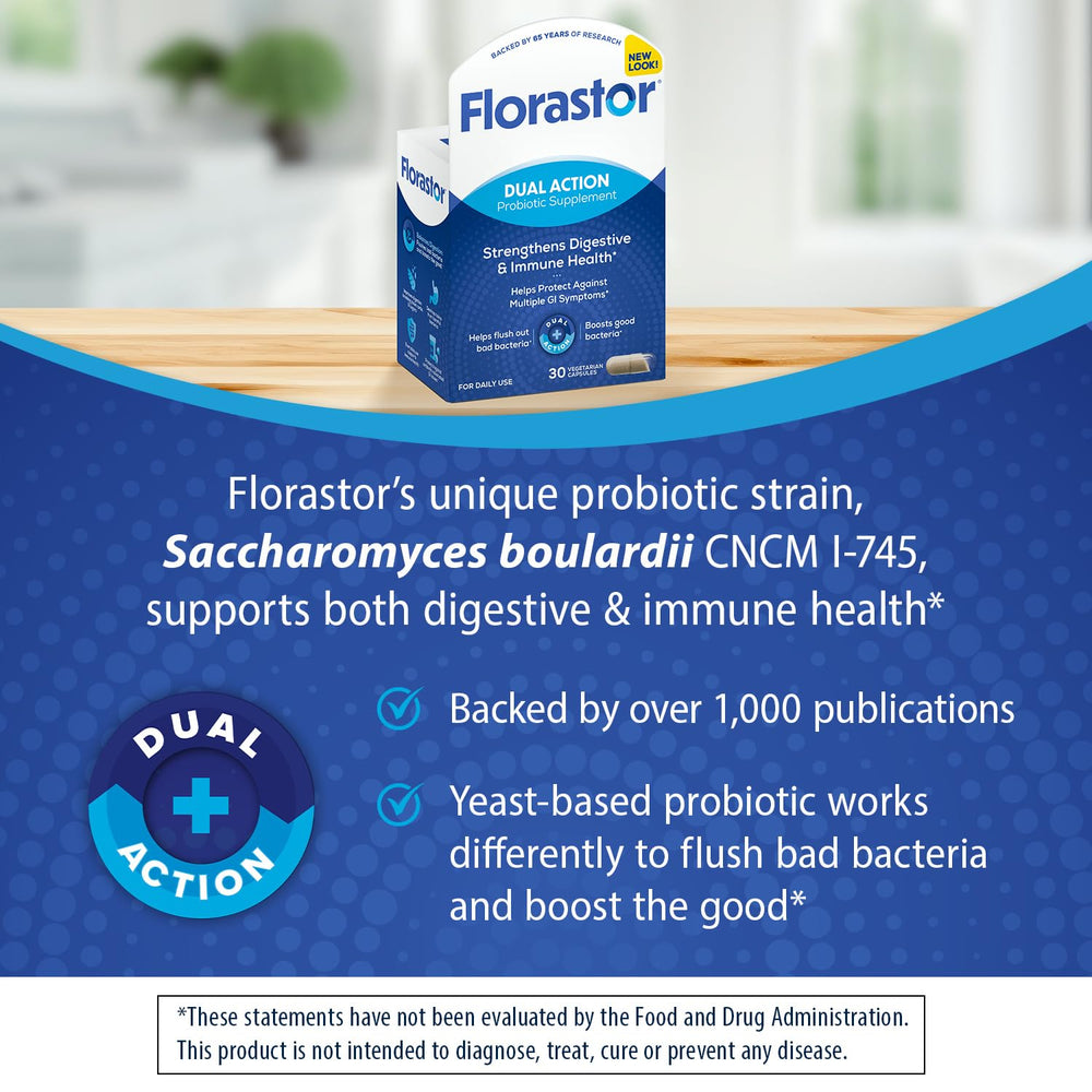 Florastor daily-dosing scene suggests two capsules for digestive health.