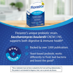 Florastor daily-dosing scene suggests two capsules for digestive health.
