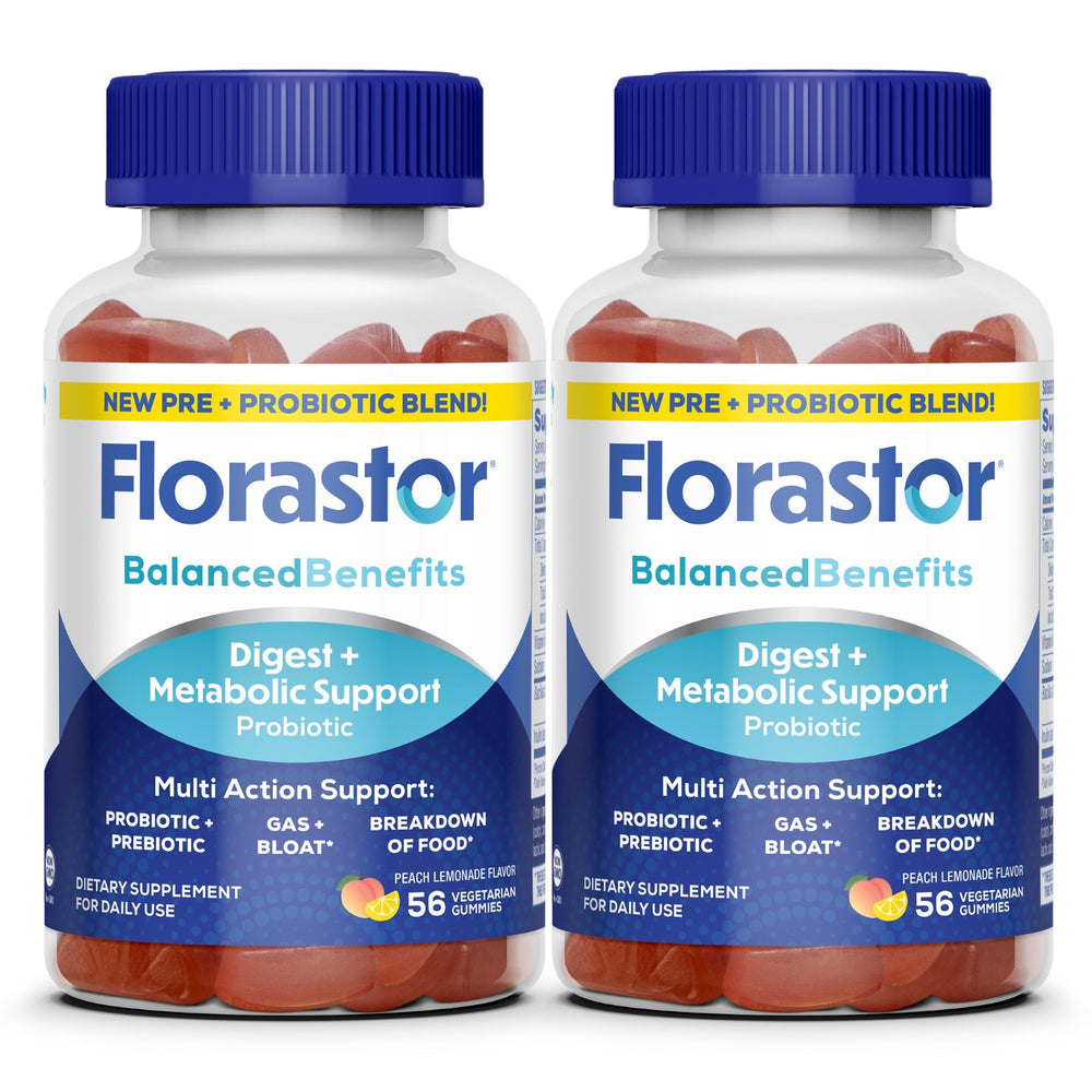 Florastor Gummies bottle with peach-lemon flavor for daily digestive support.