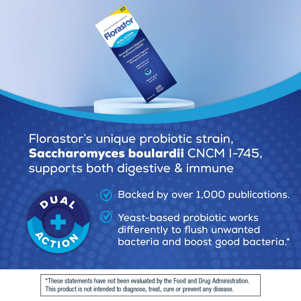 Florastor capsules illustrating potential IgA support in gut immunity.