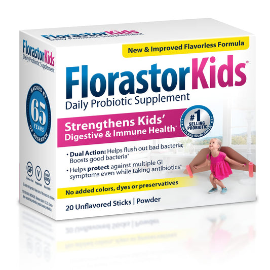 Florastor Kids daily probiotic powder sachets ready to mix with meals for digestive balance.