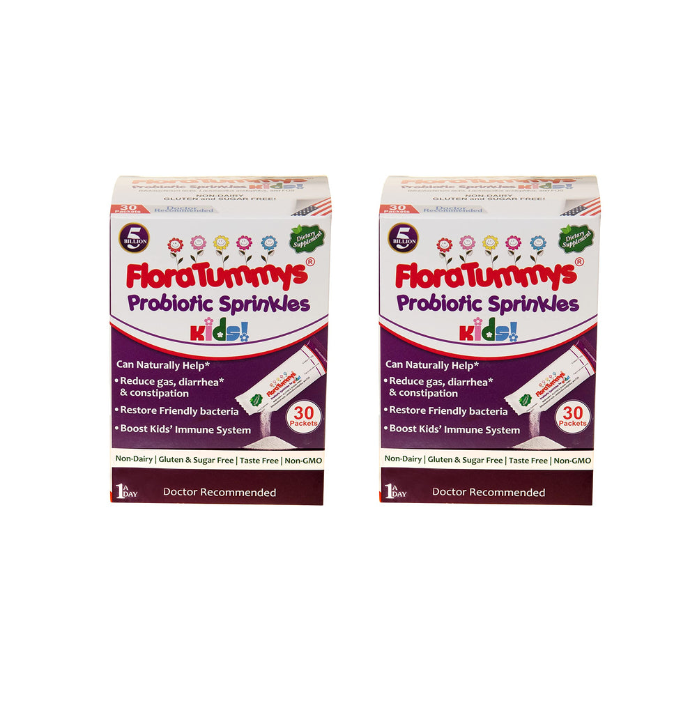 FloraTummys packaging for kids highlights allergen-free formula and convenient packaging.
