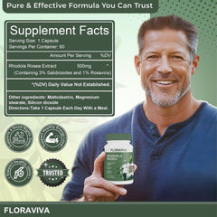 Rhodiola capsules close-up highlighting standardized 3% Rosavins for focus