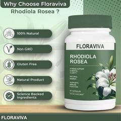 Floraviva Rhodiola packaging box indicating gluten-free formulation