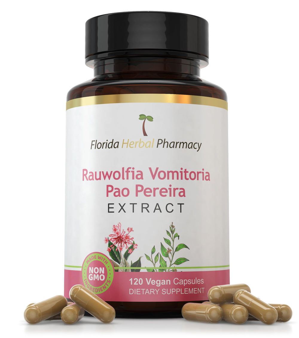 Florida Herbal Pharmacy Pao Pereira Rauwolfia bottle close-up, convenient daily use