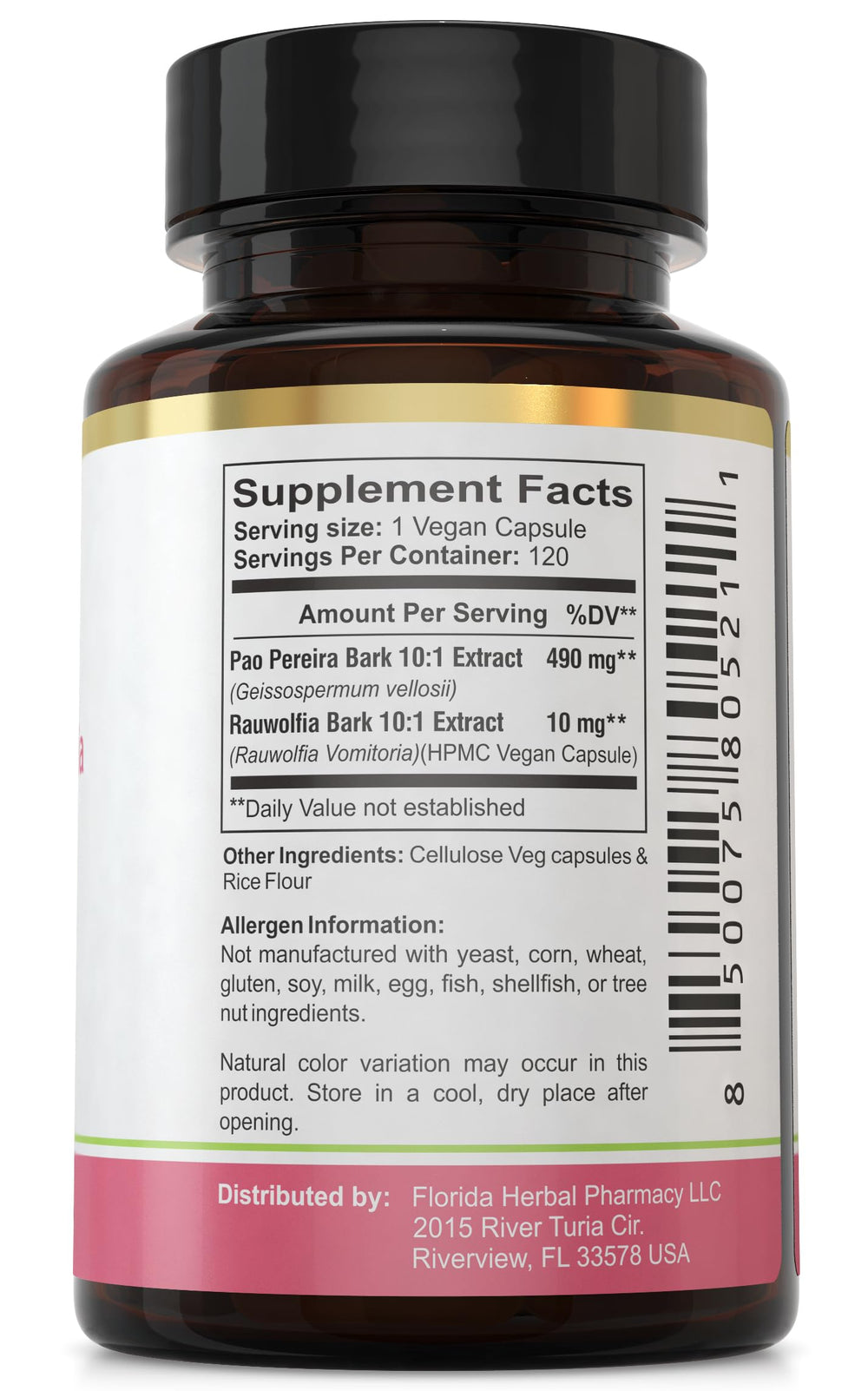 Florida Herbal Pharmacy Pao Pereira Rauwolfia label close-up showing GMP testing