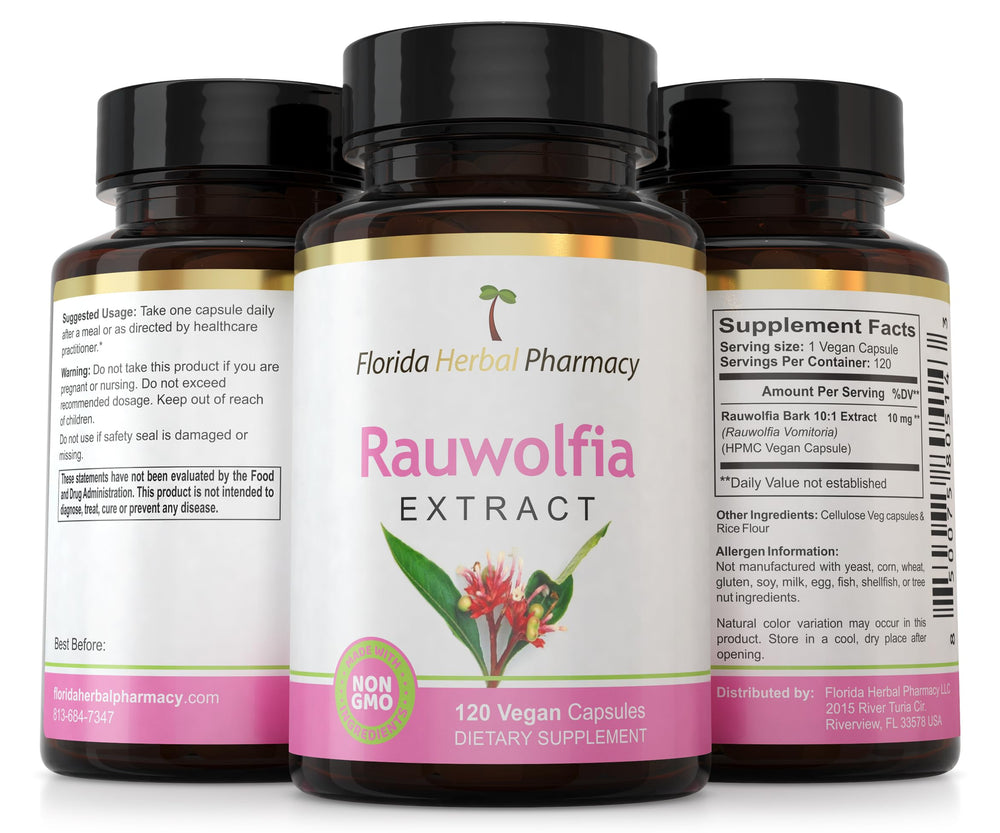 Bottle of Florida Herbal Pharmacy rauwolfia extract capsules being poured for easy dosing