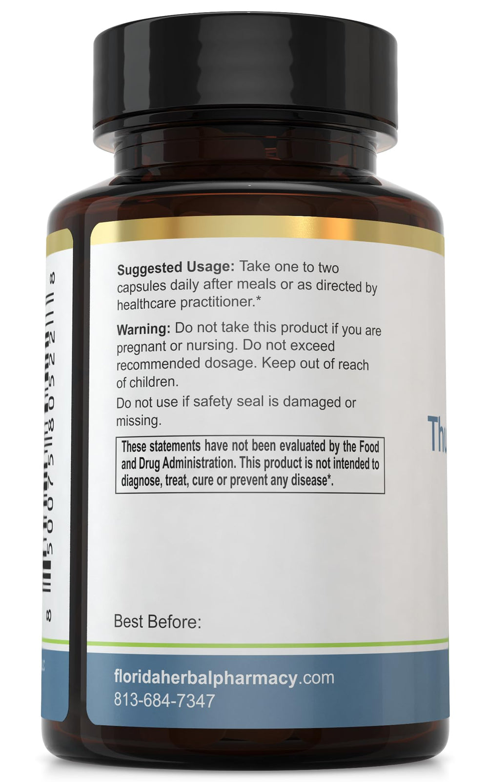 Florida Herbal Pharmacy Thunder God Vine Root Extract bottle closeup, showing 10:1 concentrate.