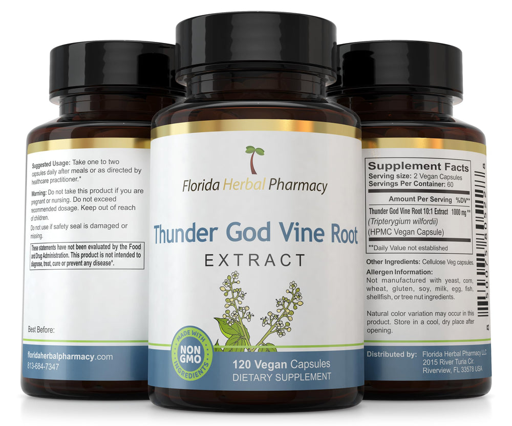 Florida Herbal Pharmacy Thunder God Vine Root Extract capsules on shelf, GMP quality and third-party tested.