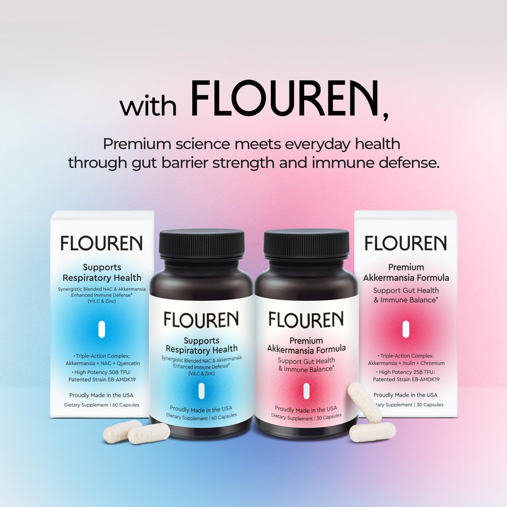 FLOUREN Gut Health bottle pouring spoon showing convenient serving for daily wellness.