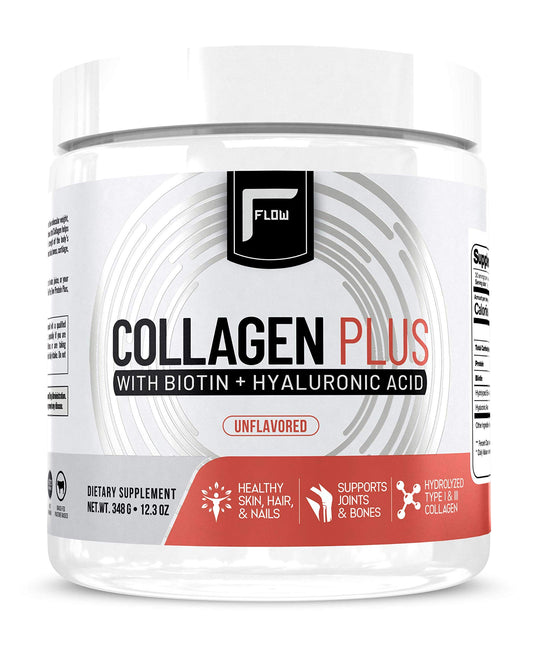 Flow Supps collagen powder bottle for convenient daily use and skin support.