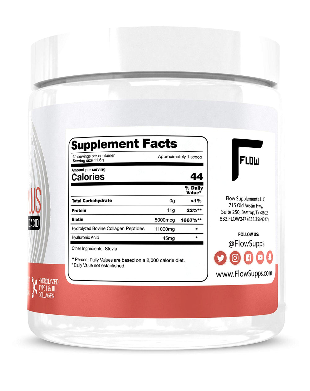 Flow Supps collagen powder ingredients highlighting hyaluronic acid for moisture support.