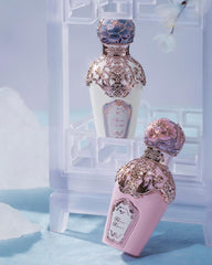 Kingfisher feather-inspired label on Flower Knows perfume enhances collector's display.