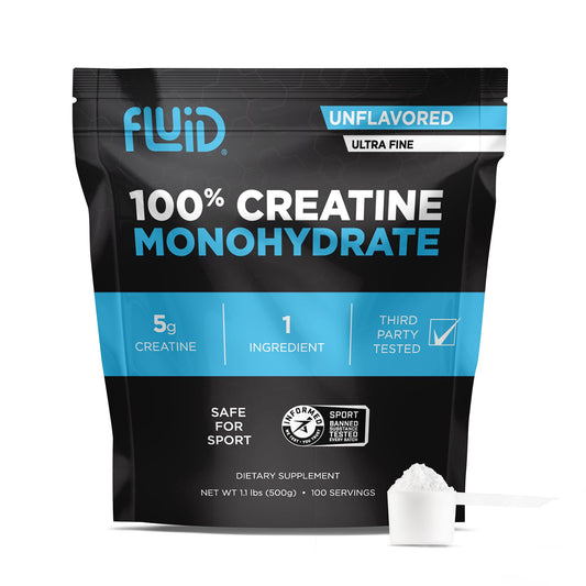 Fluid Creatine front pouch showing the unflavored powder for quick mixing.